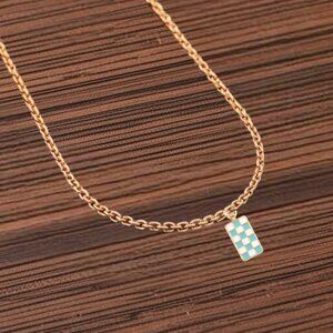 Teal Checkerboard Bar Gold Charm Necklace